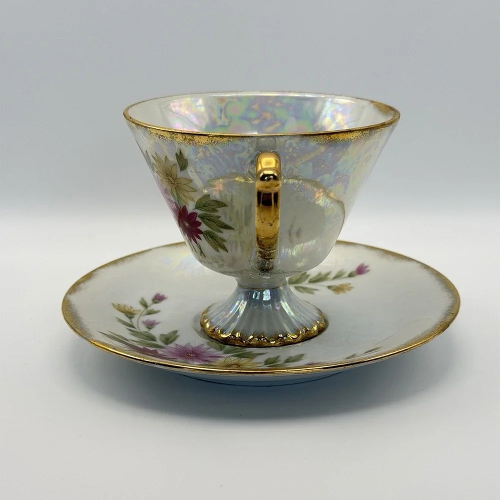 Vtg Norleans Japan Lusterware Teacup Saucer Floral‎ September Aster Tea Party
